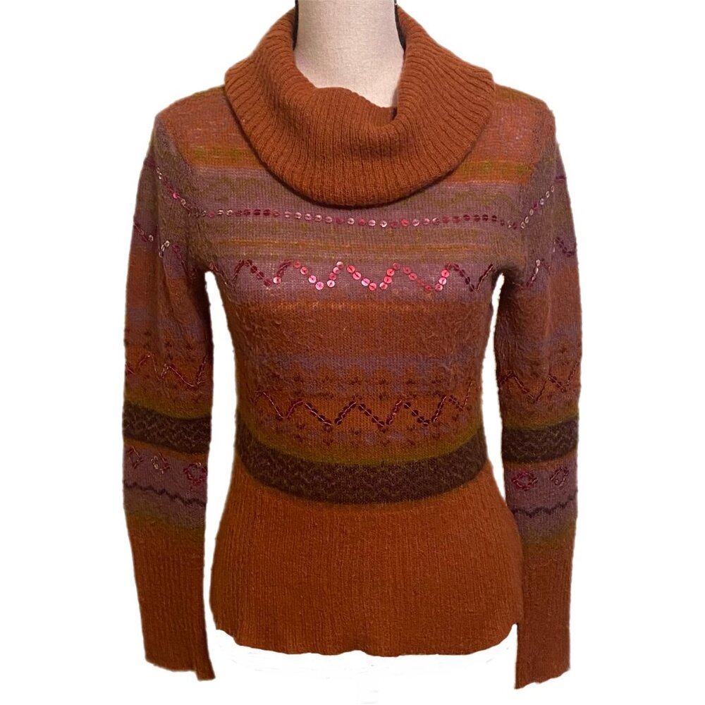 Kersh Women's Long Sleeve Orange w/Varied Stripes Cowl Neck Sweater Size M